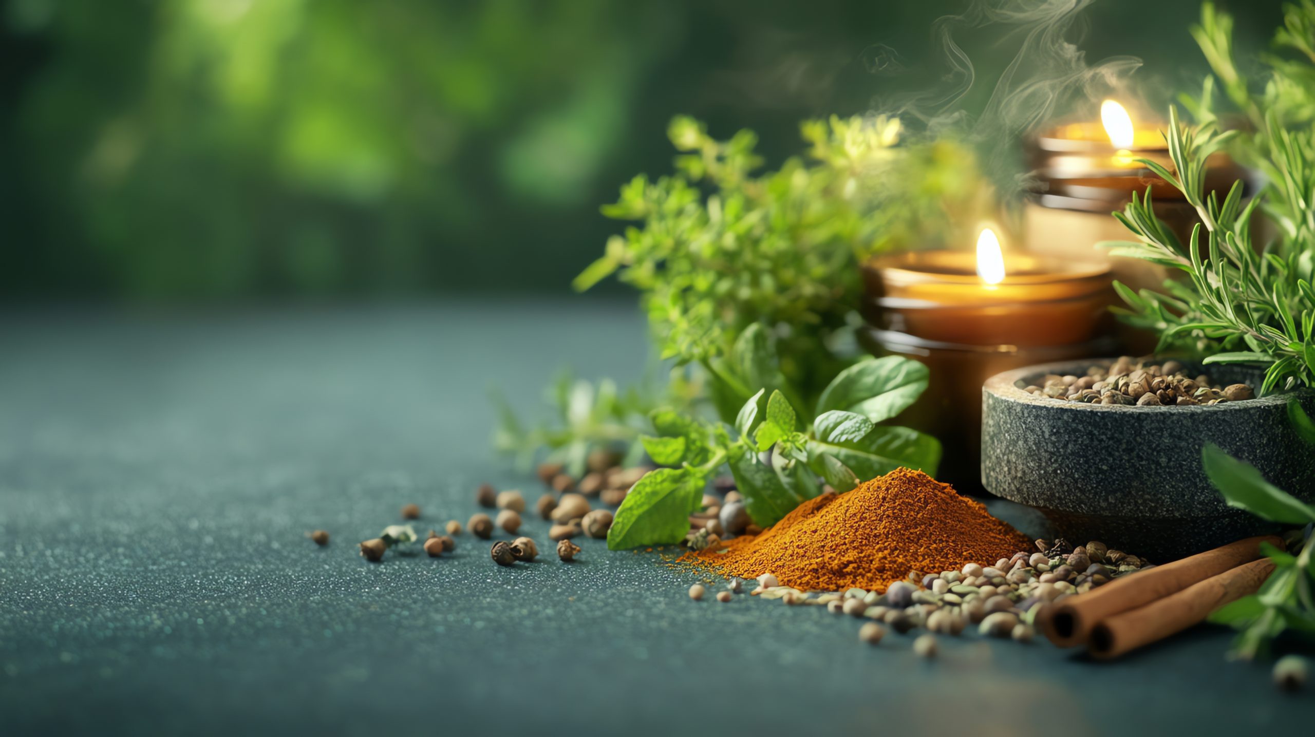 table with candle and Ayurvedic spices background